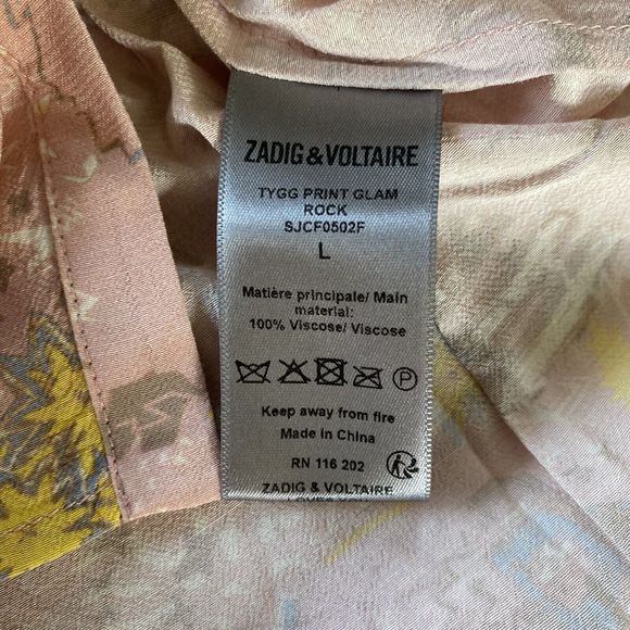 ZADIG & VOLTAIRE Tygg Print Glam Rock Shirt Pink Ruffle Blouse Large long sleeve - Picture 7 of 15